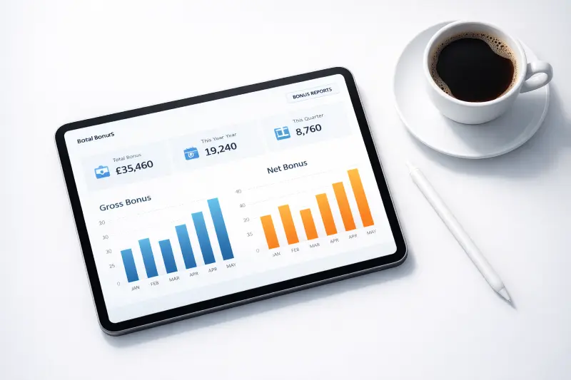 Ein Tablet auf einem Schreibtisch zeigt ein Finanz-Dashboard mit Diagrammen für den Brutto- und Netto-Bonus.