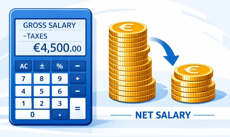 Grafische Darstellung eines Brutto-Netto-Rechners mit schrumpfenden Euro-Münzstapeln