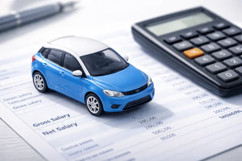 Ein kleines Modellauto steht auf einer Lohnabrechnung neben einem Taschenrechner