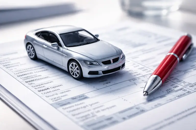 Ein Miniaturauto steht auf einem Steuerformular neben einem roten Stift.