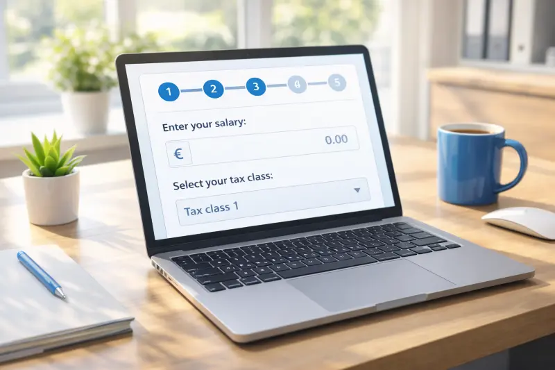 Laptop auf einem hellen Schreibtisch mit der Eingabemaske eines Gehaltsrechners in 5 Schritten