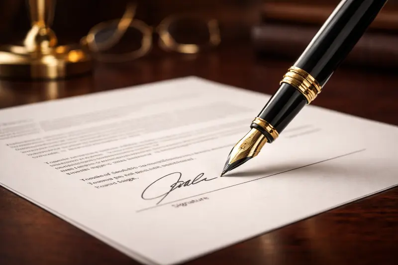 Ein eleganter Füller unterschreibt einen formellen Vertrag auf einem Schreibtisch.