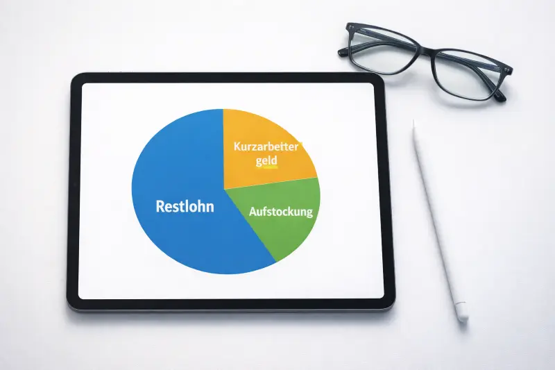 Ein Tablet zeigt ein Kreisdiagramm, das die Zusammensetzung des neuen Gehalts bei Kurzarbeit erklärt.