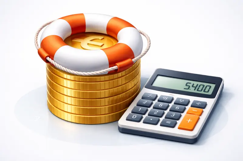 3D-Illustration eines Rettungsrings auf einem Münzstapel neben einem Taschenrechner.