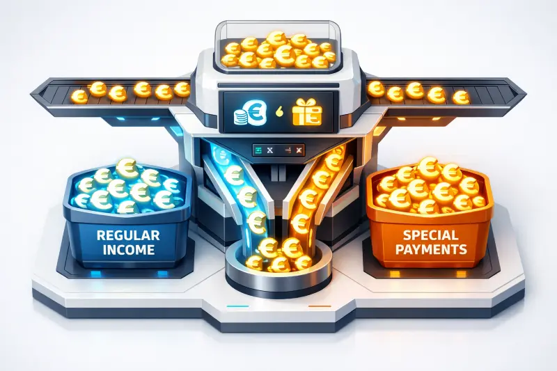 3D-Illustration einer Sortiermaschine, die das reguläre Gehalt von der Bonuszahlung trennt.