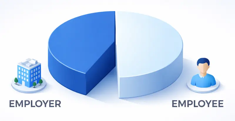 Geteiltes Kreisdiagramm, das die hälftige Aufteilung der Sozialversicherungsbeiträge darstellt