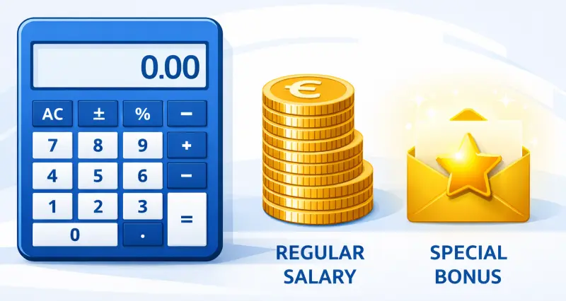 Grafische Darstellung eines Tantieme-Rechners mit einem Stapel Münzen und einem Bonus-Umschlag.